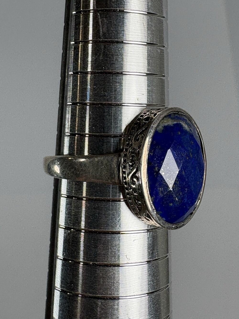 925 Sterling Silver Lapis Lazuli Oval Ring Size 9 Blue Stone Ornate Filigree CJ